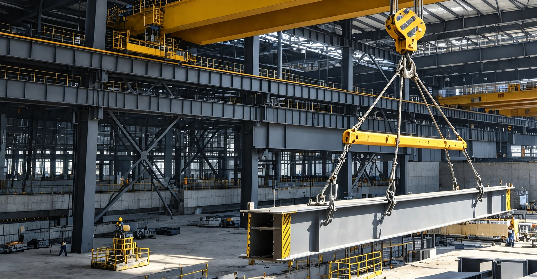 Industrial lifting application illustration with an overhead crane and lifting beam