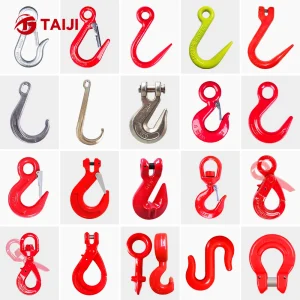 Alloy Steel Sling Hook Model TJGJHJ-05 for Industrial Cranes with Locked Red Rotating Eye Gourd and Custom Logo